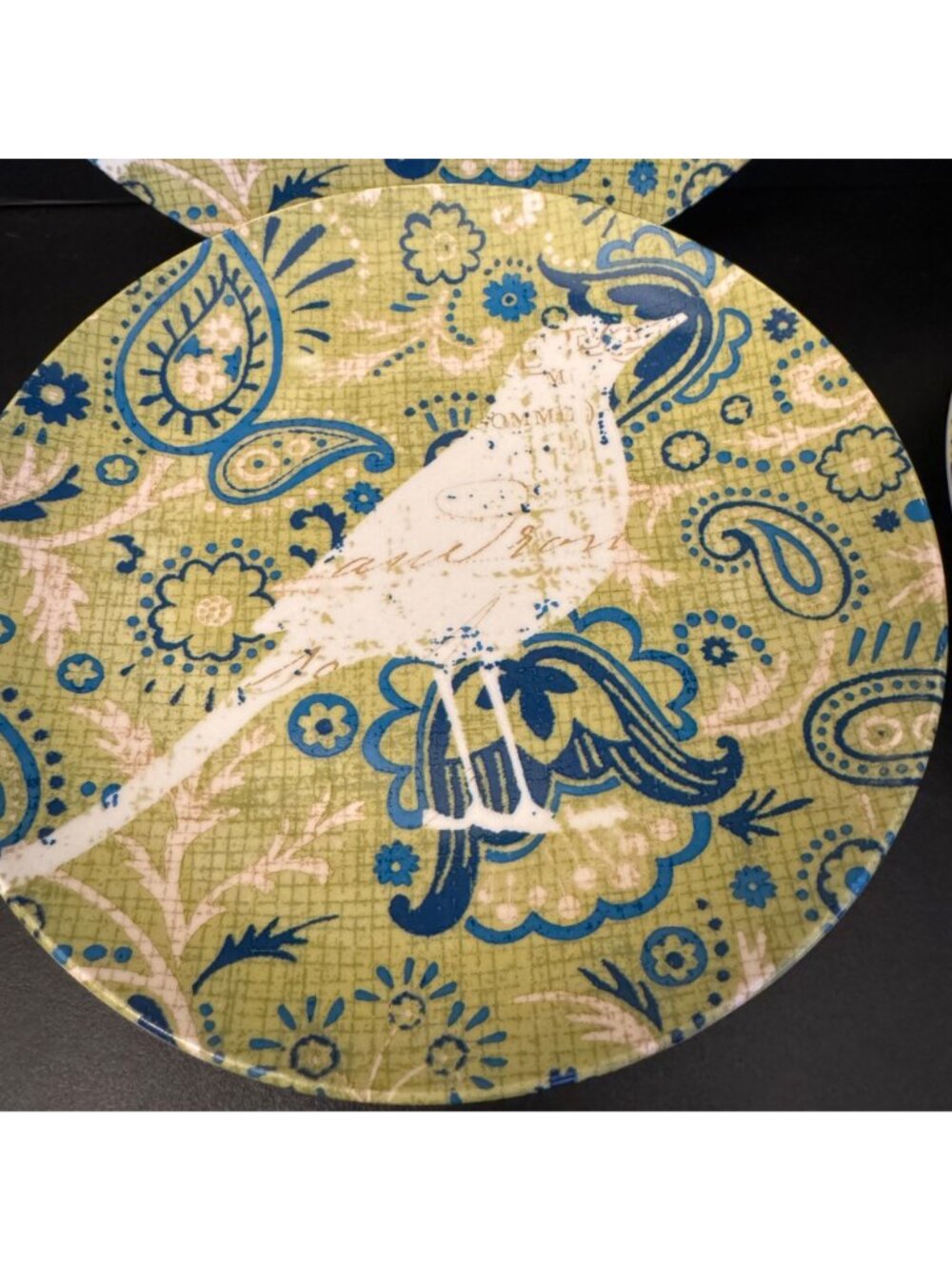 Pier 1 Porcelain Plate Paisley Bird Green & Blue print 8" Salad Dessert Set of 6 - Picture 2 of 4